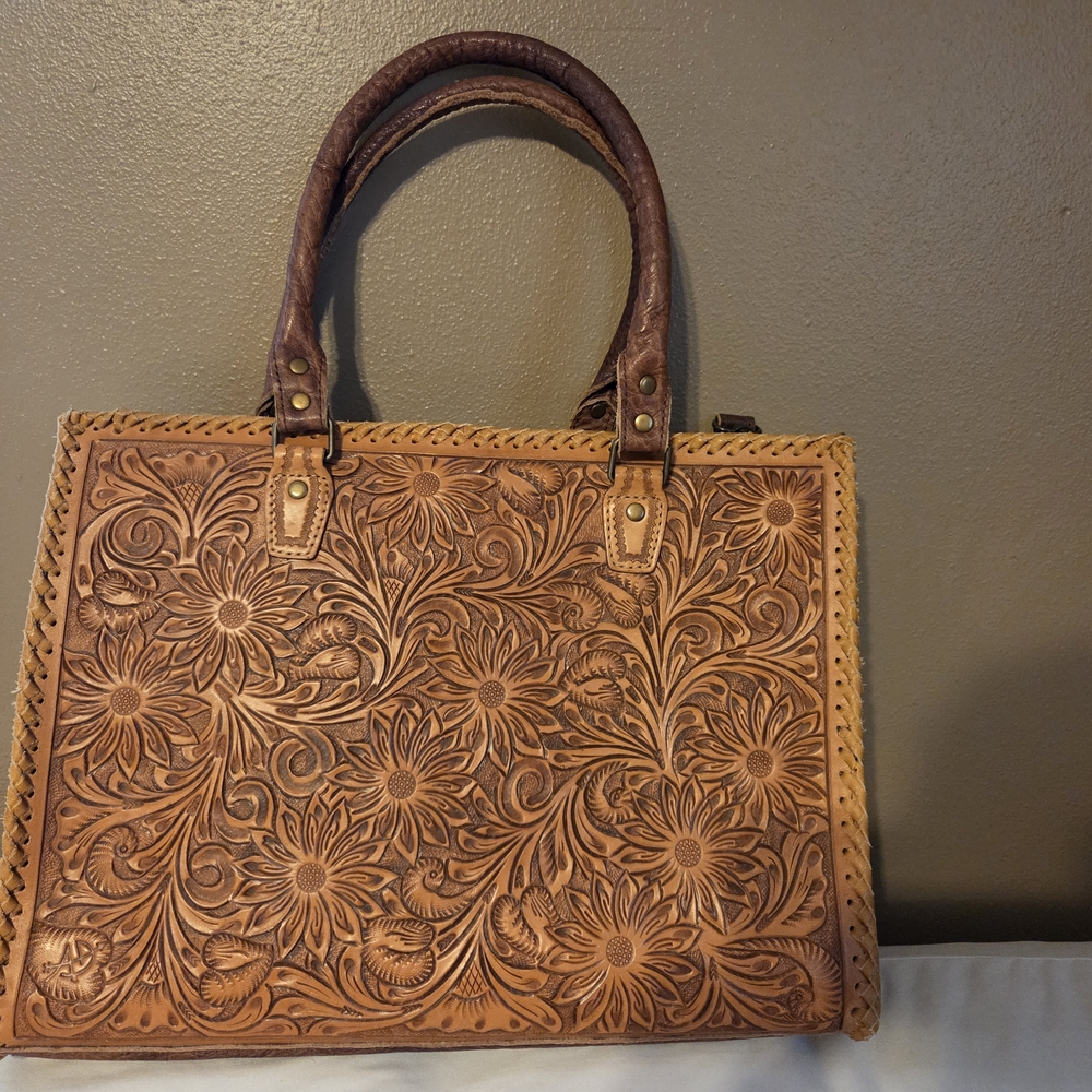 American Darling Tan and Brown Leather Tote with Intricate Tooling